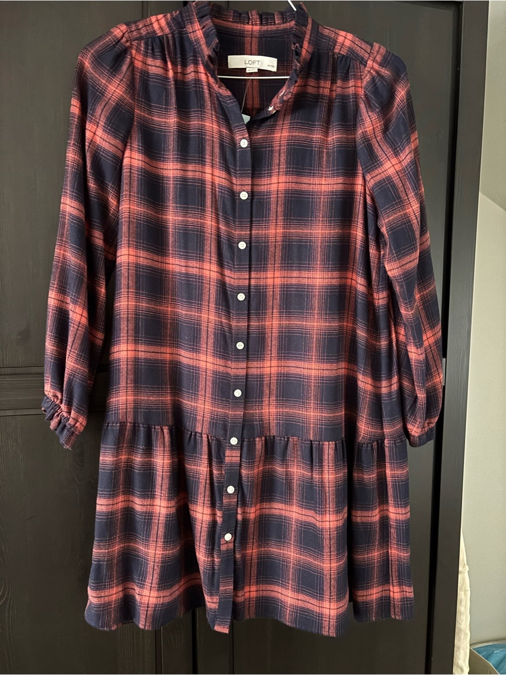 LOFT Navy and Coral Plaid Button-Up Blouse